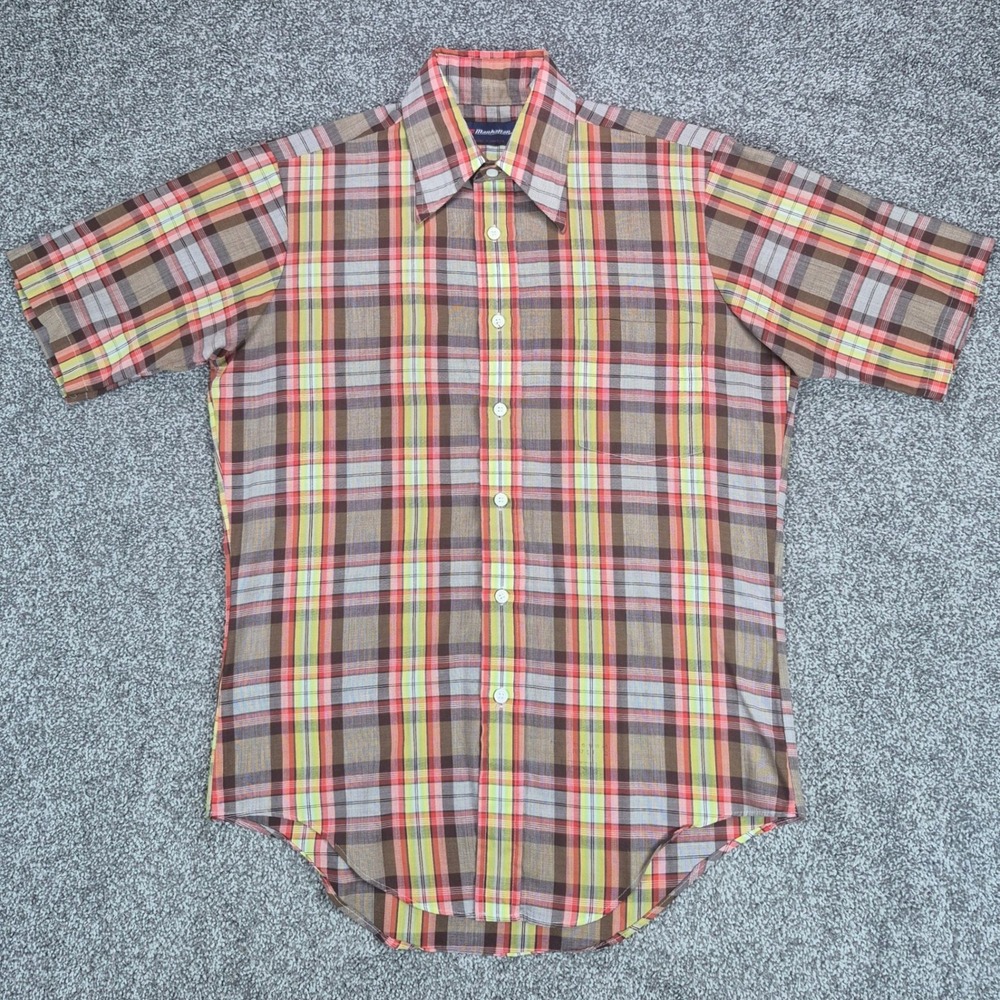 Vintage 70s Manhattan Shirt Mens 15 Plaid Short Sleeve Button Down Made in USA